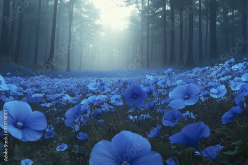 Vibrant blue flowers blooming in a serene forest setting during daylight hours