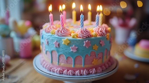 Colorful birthday cake with candles and decorations at a festive celebration