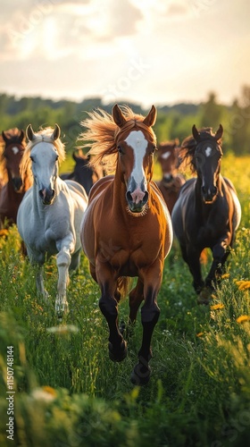 Horses run freely through lush green fields on a cloudy day in rural countryside