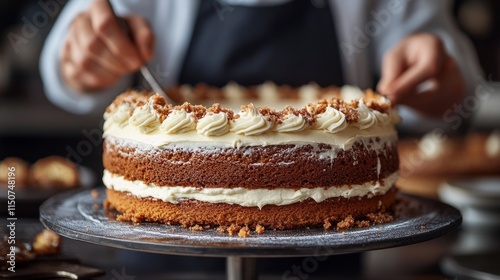 Baker creates intricate frosting design on large wedding cake in bustling bakery