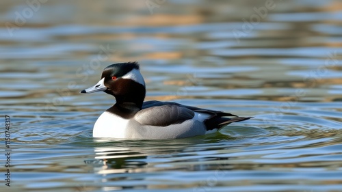 Bufflehead duck gliding gracefully on tranquil water during a sunny afternoon photo