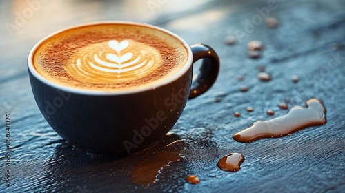 Delicious cup of latte art with heart design served in blue ceramic mug