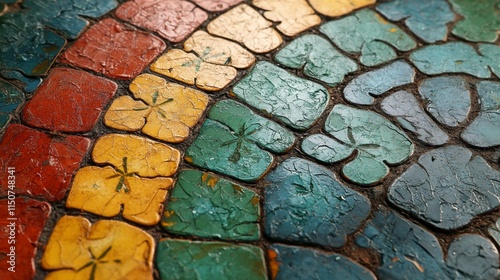 Vibrant colored tiles creating a mosaic pattern on the ground in a public space