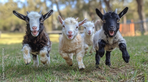 Playful baby goats running across a grassy field in springtime