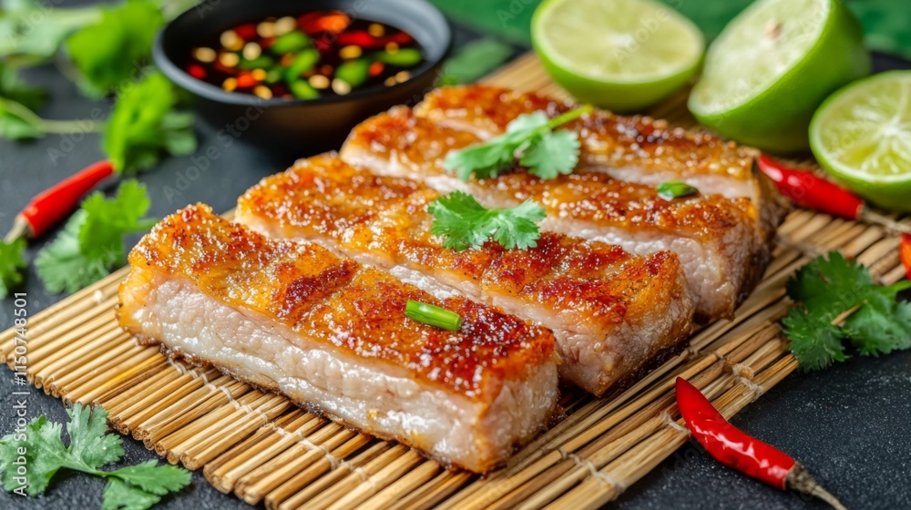Crispy Pork Belly with Lime and Cilantro on Bamboo Mat Background Crispy Pork Belly with Lime and Cilantro on Bamboo Mat Background