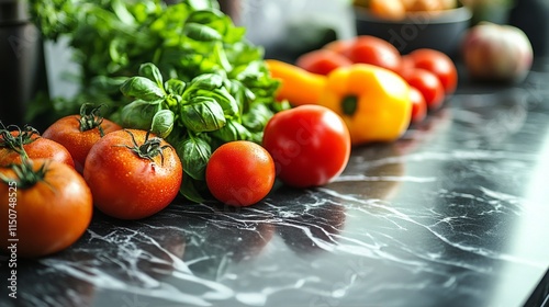 Fresh vegetables and herbs arranged on a marble countertop in a kitchen setting