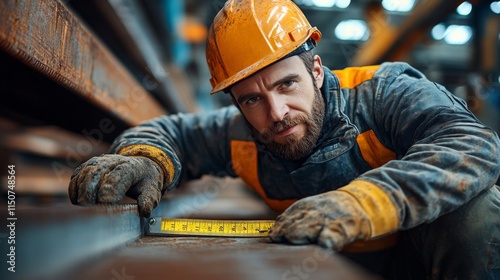Worker inspecting rusted steel beam at construction site in daylight near urb...