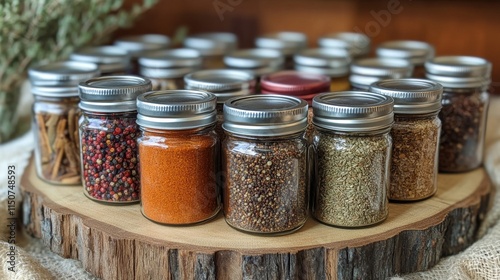 Variety of jars filled with different condiments displayed on wooden shelves ...