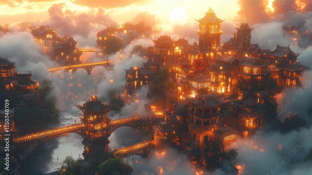 Fototapeta premium A mystical cityscape at sunset, enveloped in clouds and illuminated buildings.