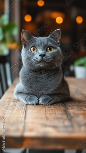 Gray cat sitting calmly on wooden table with warm background lighting in cozy...