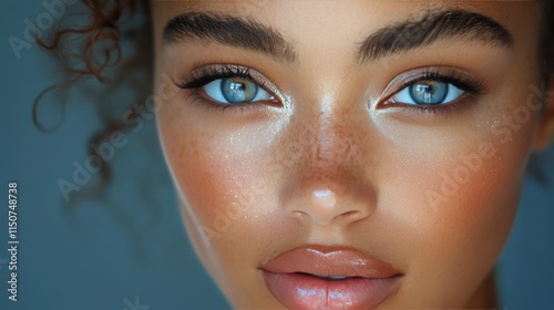 Captivating close-up of a young woman with striking blue eyes and natural beauty