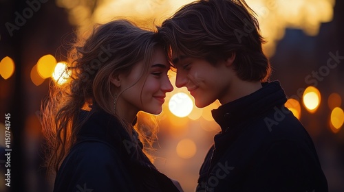 Young couple sharing a romantic moment during sunset in the city street