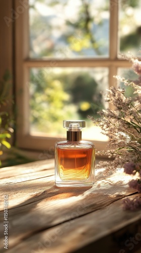 Elegant perfume bottle on wooden table in sunlit room with flowers and soft s...