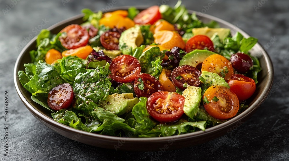 Fresh salad with avocado, cherry tomatoes, and mixed greens in a rustic bowl Fresh salad with avocado, cherry tomatoes, and mixed greens in a rustic bowl