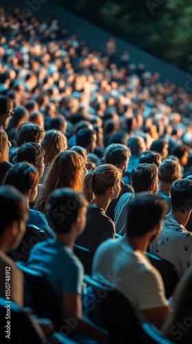 Crowd enjoying a live event at an outdoor amphitheater during sunset