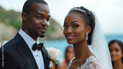 Couple exchanges smiles at their wedding ceremony in an elegant venue during ...