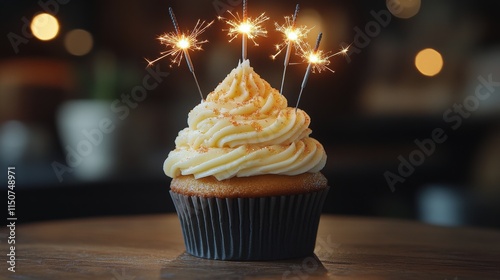 Celebrate with a sparkling cupcake adorned with festive candles and colorful ...