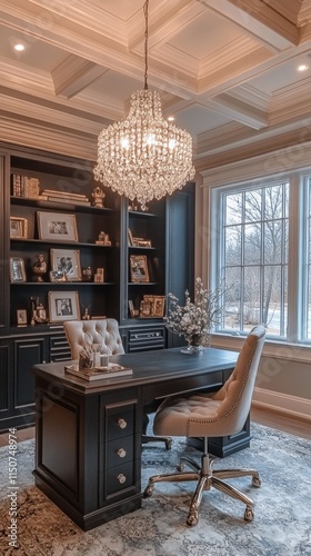Elegant home office with chandelier and bookshelf featuring family photos in ...