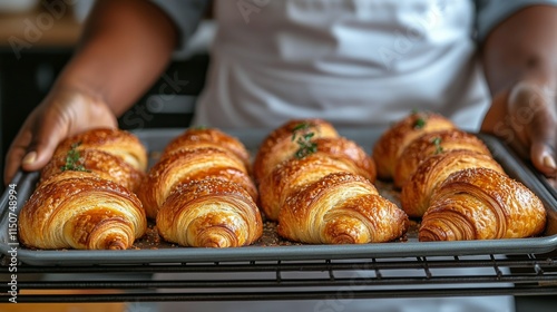 Freshly baked croissants being taken out of the oven in a cozy bakery