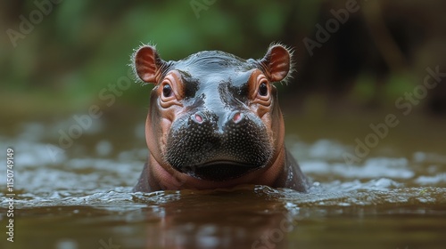 Hippo emerging from water with flowers in serene natural setting during daylight