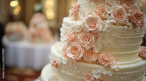 Elegant wedding cake decorated with pink roses at a lavish reception hall