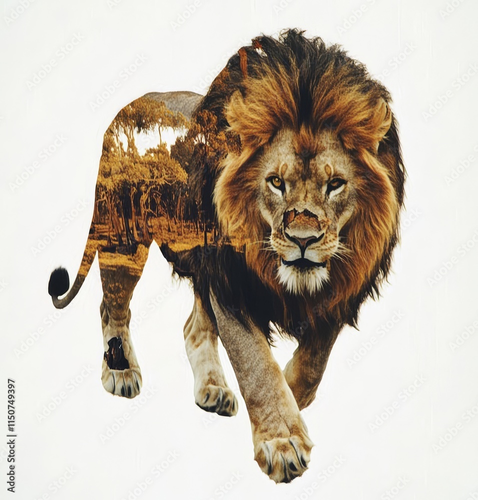 Obraz premium A lion portrait beautifully integrated with the African savanna using double exposure photography. Stock