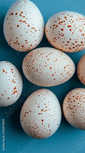 Fresh speckled eggs arranged on a blue surface in a casual and artistic manner