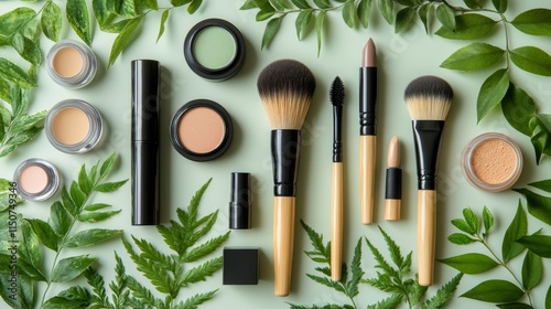 Essentials for a flawless makeup application with brushes and cosmetics arran...