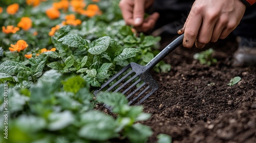 Hands cultivating garden soil with green plants and orange flowers in spring