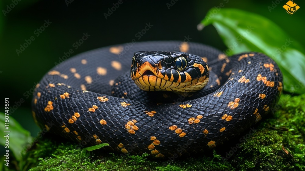 Colorful snake resting on mossy rock in a lush tropical environment Colorful snake resting on mossy rock in a lush tropical environment