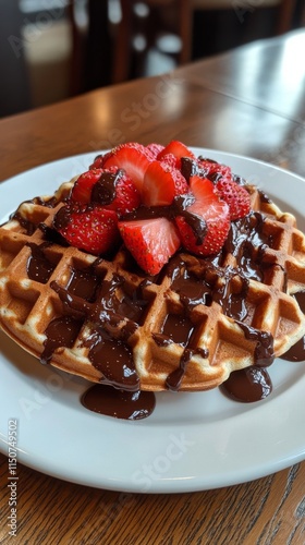 Delicious waffles topped with fresh strawberries and chocolate sauce served i...