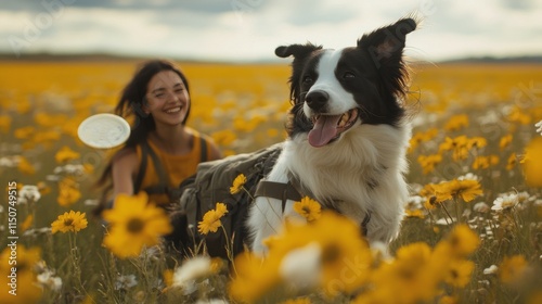 Happy dogs playing in a sunny field chasing a flying disc during golden hour