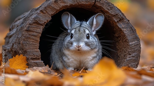 Cute small animal peeking from a wooden tunnel surrounded by autumn leaves