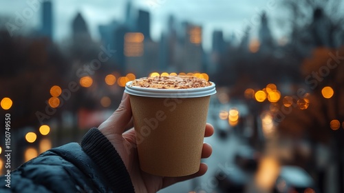 Enjoying warm coffee while gazing at a vibrant city skyline during twilight