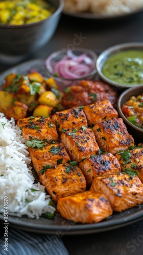 Delicious grilled salmon served with quinoa and fresh vegetable salad on a ru...