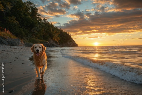 Golden retriever walking along the sandy shore at sunset by the lake