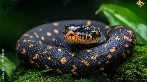 Colorful snake resting on mossy rock in a lush tropical environment