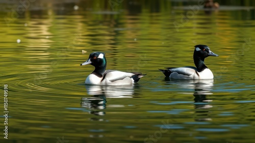 Two male Buffleheads swimming gracefully in a tranquil pond with vibrant reflections on a sunny afternoon photo