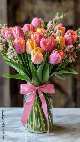 Colorful tulip bouquet with pink ribbon, perfect for celebrations and spring ...