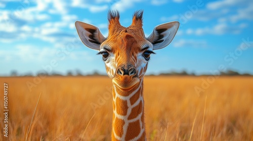Giraffe peer into the distance in golden grassland under a clear blue sky