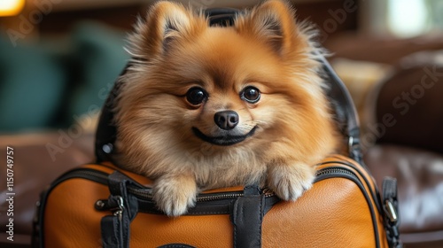 Pomeranian dog sitting calmly in a brown bag with a cozy indoor background