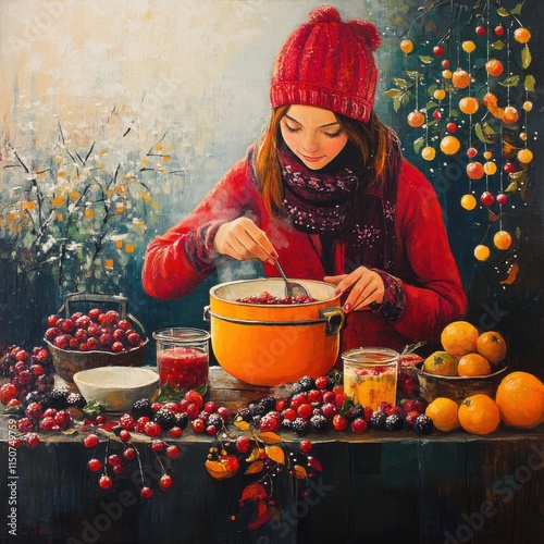 Woman Making Hot Winter Drink with Fruits and Berries: Enjoying the art of creating a seasonal drink infused with rich flavors. photo