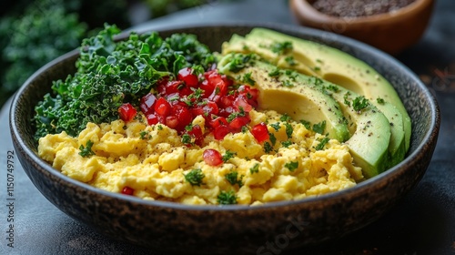 Colorful breakfast bowl with scrambled eggs, avocado, kale, and pomegranate