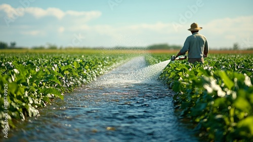 Farmer irrigating vegetable crops in a lush field under a clear blue sky