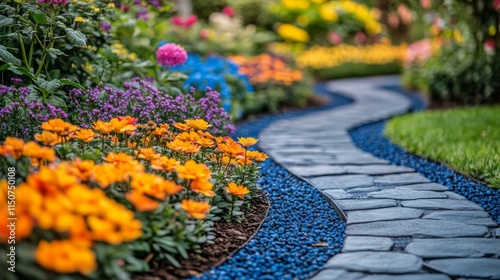 Colorful flower garden with stone pathway during sunny morning