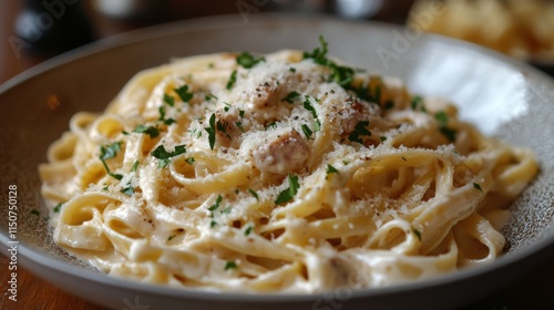 Creamy fettuccine alfredo prepared with fresh ingredients in a cozy restauran...