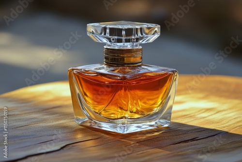 Elegant glass perfume bottle capturing sunlight on a wooden table