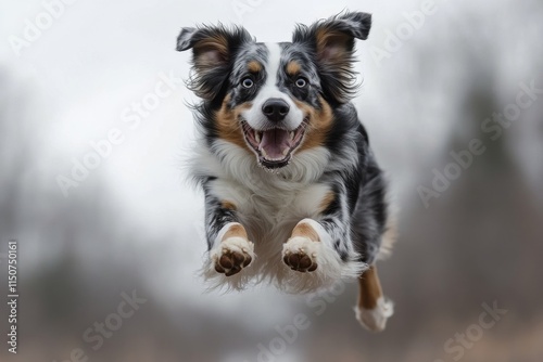 Happy dog jumping in the park during autumn with colorful leaves in the backg...
