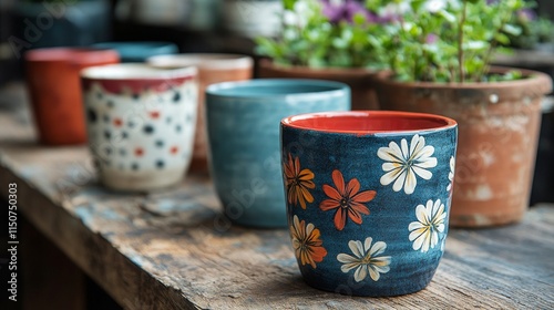 Colorful ceramic pots displayed on a rustic wooden table in an outdoor garden...