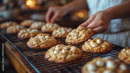 Freshly baked cookies being removed from a wire rack in a cozy kitchen